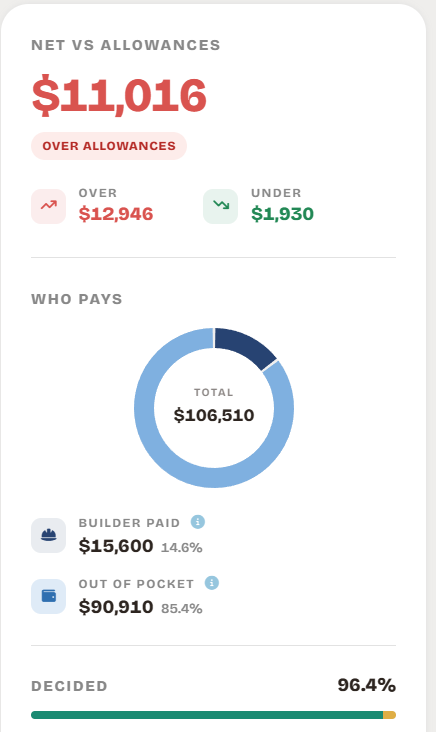 Selections summary: net amount over allowances, builder-paid versus out-of-pocket split, and share of selections decided